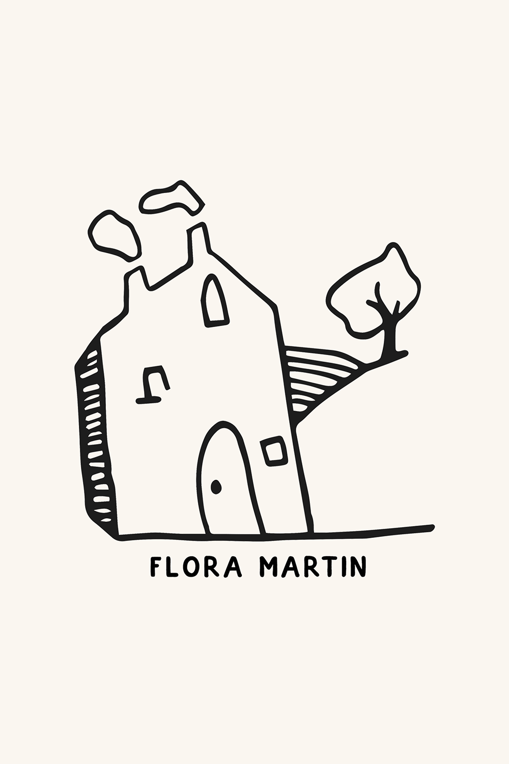 Dibujo de una casa en el campo con humo saliendo de la chimenea y un árbol al lado