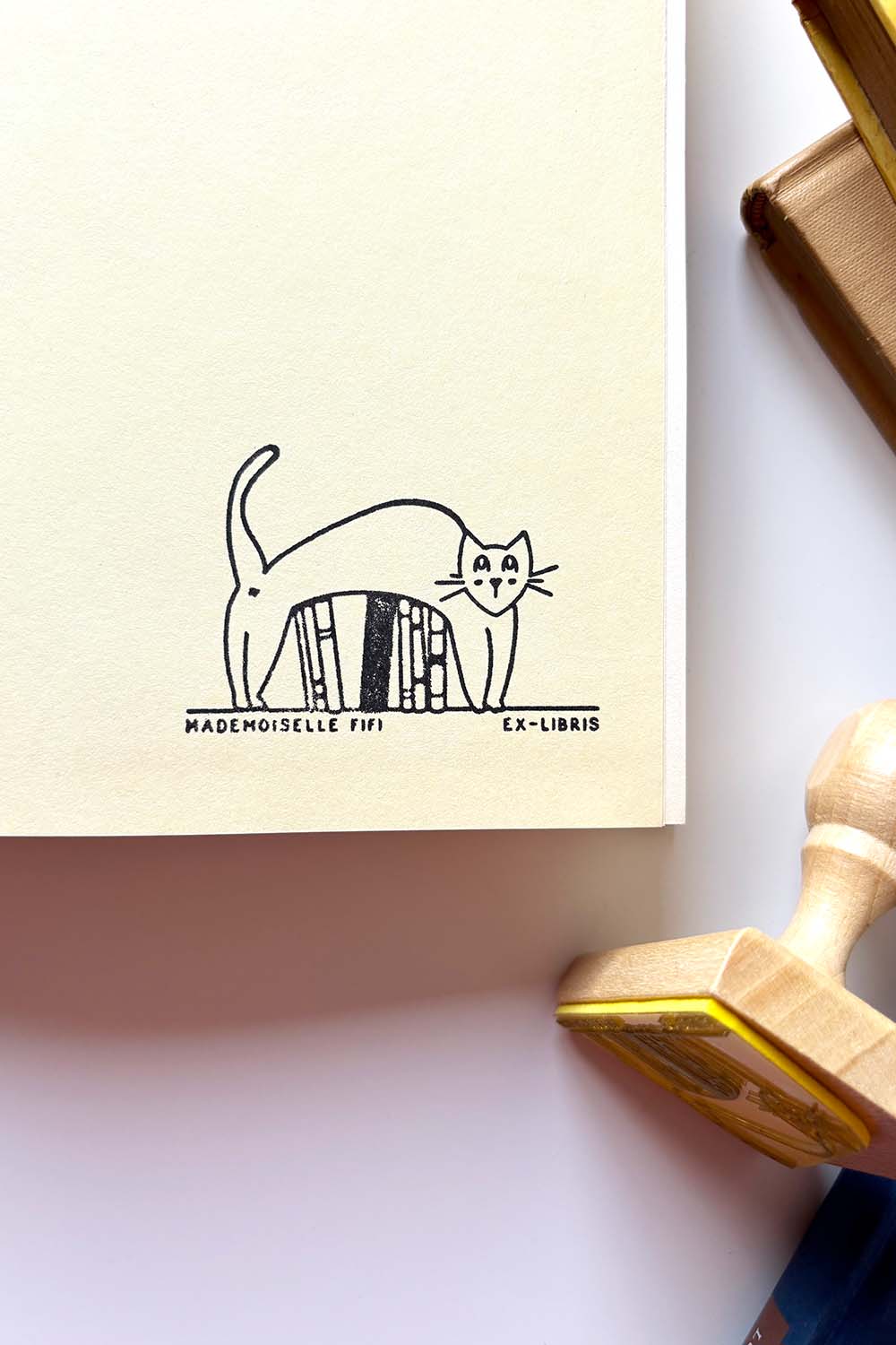Portadilla de libro estampada con un gato encima de unos libros y sello