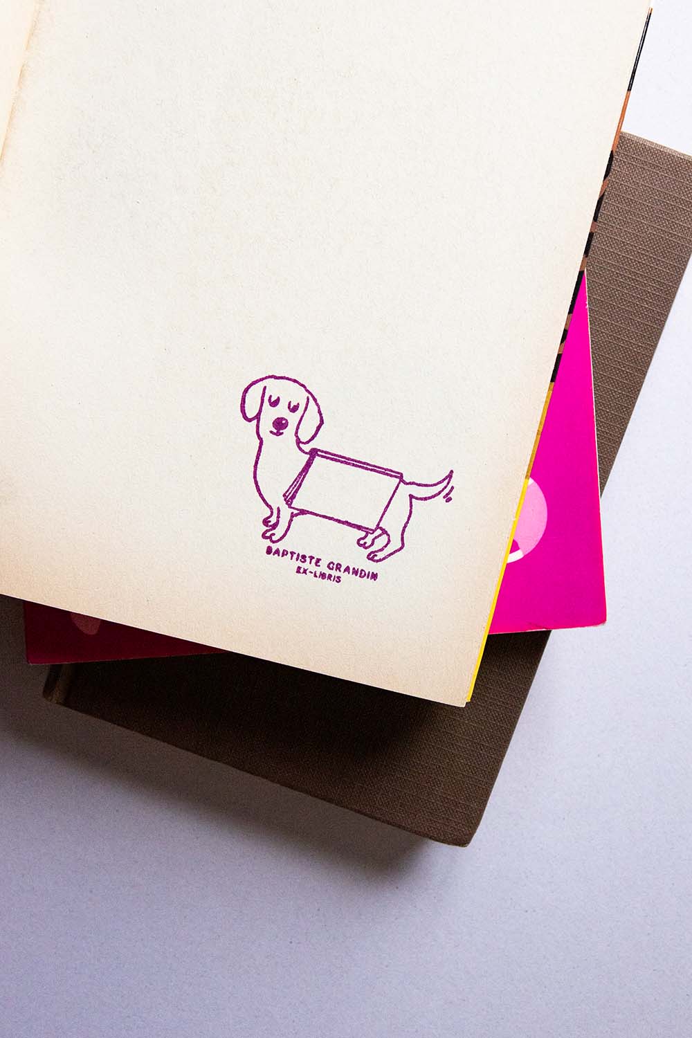 Portadilla de libro estampado con sello exlibris de un perro con un libro abierto sobre el lomo