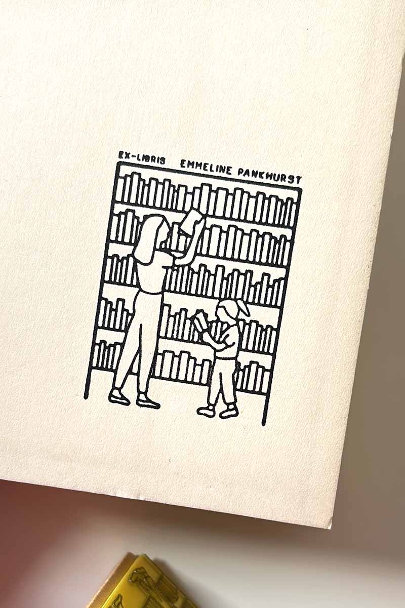 Portadilla de un libro estampada con una mujer y una niña cogiendo libros de una biblioteca