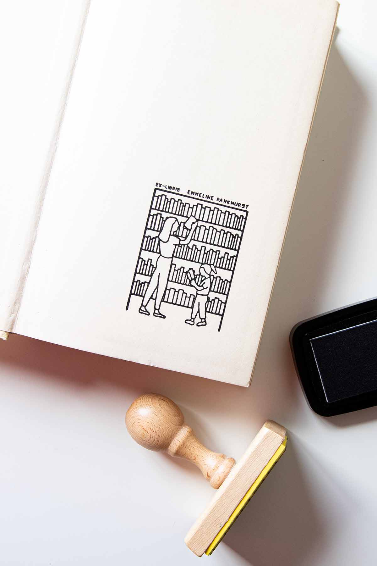 Portadilla de un libro estampada con una mujer y una niña cogiendo libros de una biblioteca