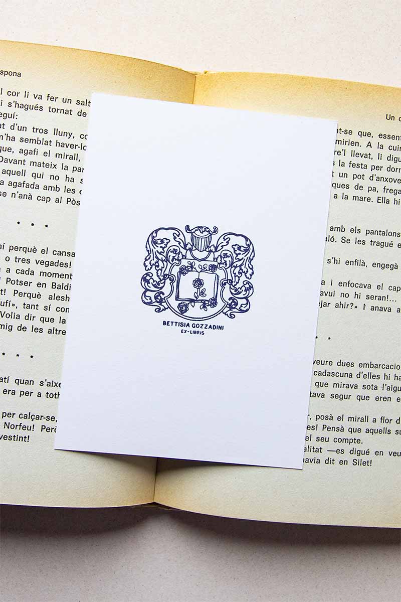 Portadilla de libro estampada con un escudo heráldico con yelmo en el interior hay un libro del que salen rosas