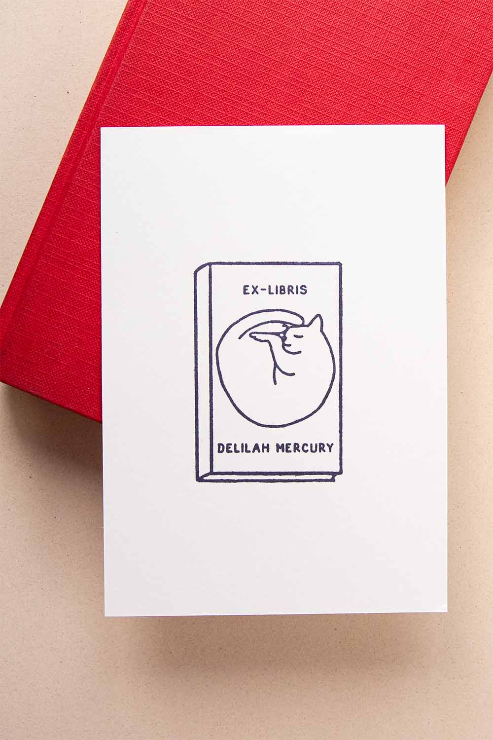 Portadilla de libro estampada con un libro con en la portada un gato