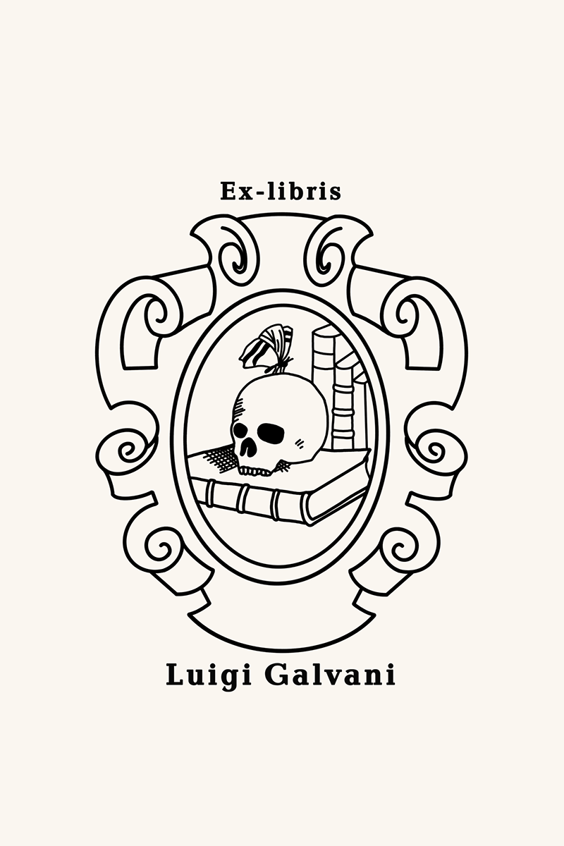 Dibujo de un escudo en el que se representa una vanitas con un craneo, libros y una mariposa